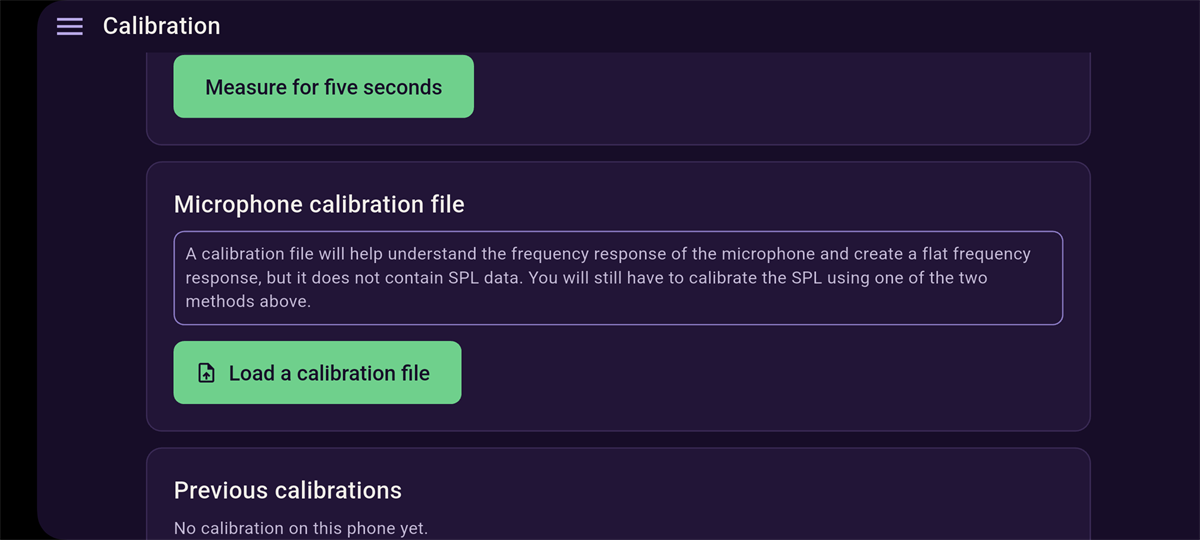 Calibration screen scrolled to the calibration file loader and previous calibrations