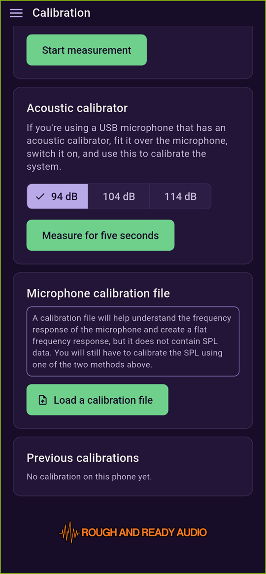 Calibration screen scrolled to the calibration file and previous calibrations cards