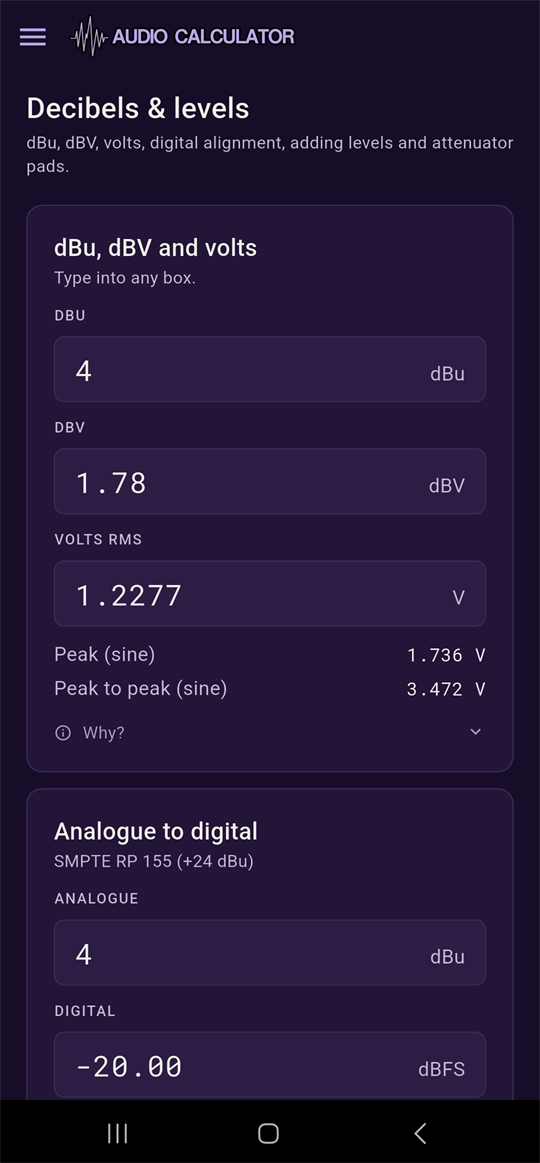 dBu, dBV and volts card