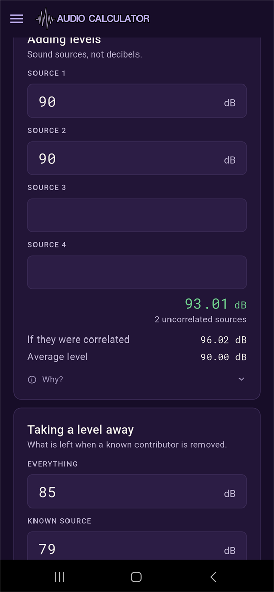 Adding levels card showing 93.01 dB from two 90 dB uncorrelated sources