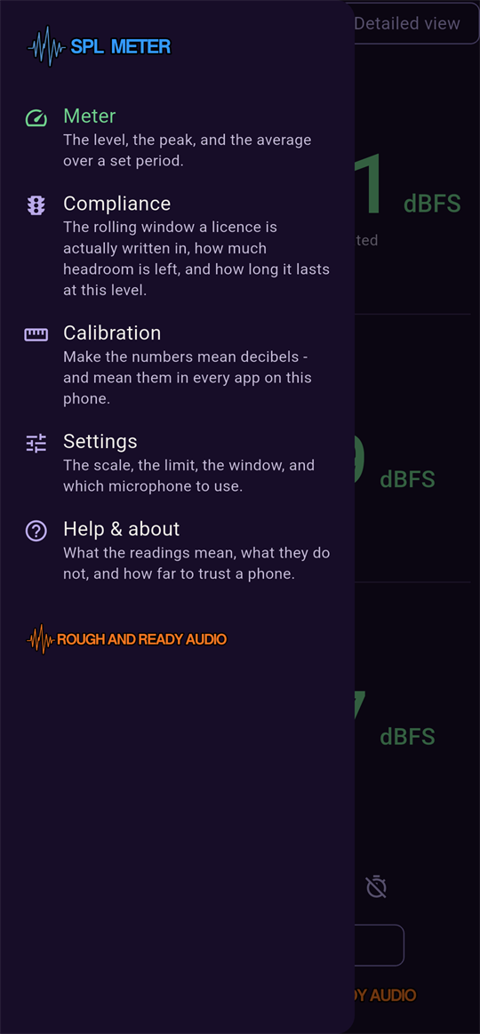 Navigation drawer: Meter, Compliance, Calibration, Settings, Help & about