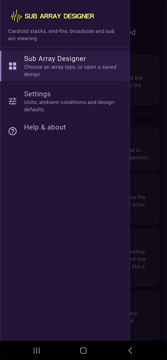 Navigation drawer, showing Sub Array Designer, Settings and Help & about