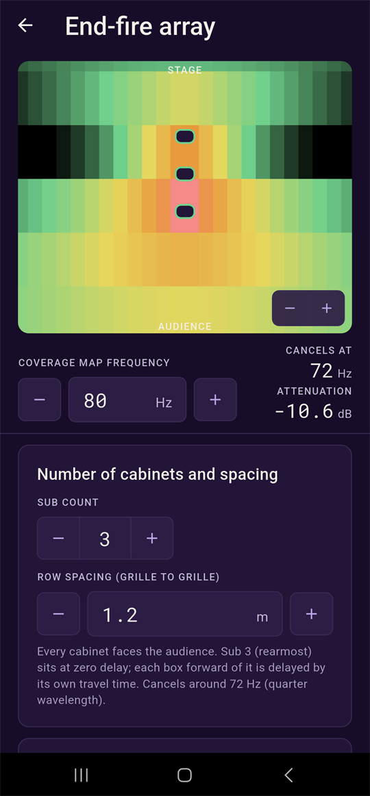 End-fire array design screen, three cabinets in a line receding from the audience