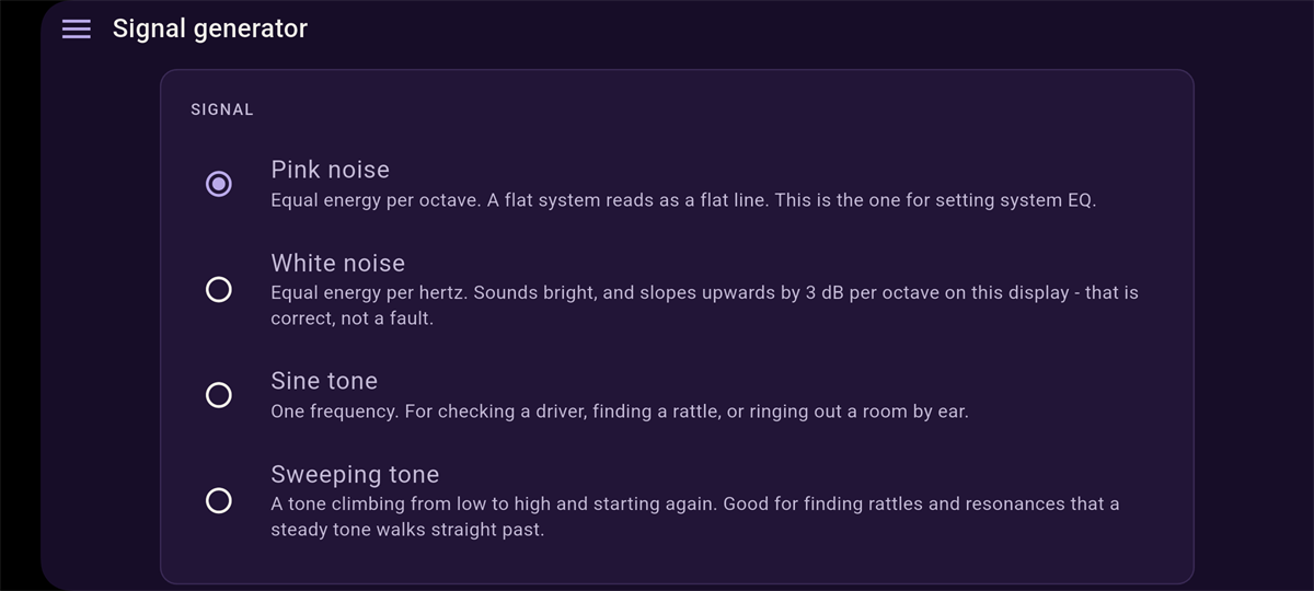 Signal generator screen showing Pink noise, White noise, Sine tone and Sweeping tone options