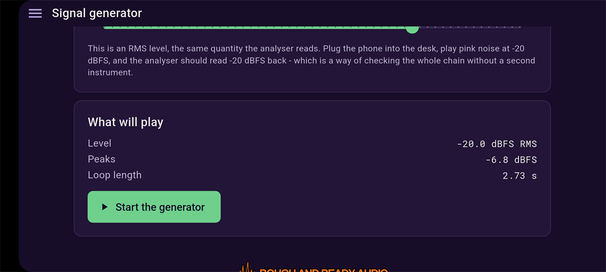 What will play card, showing level, peaks and loop length, with Start the generator button