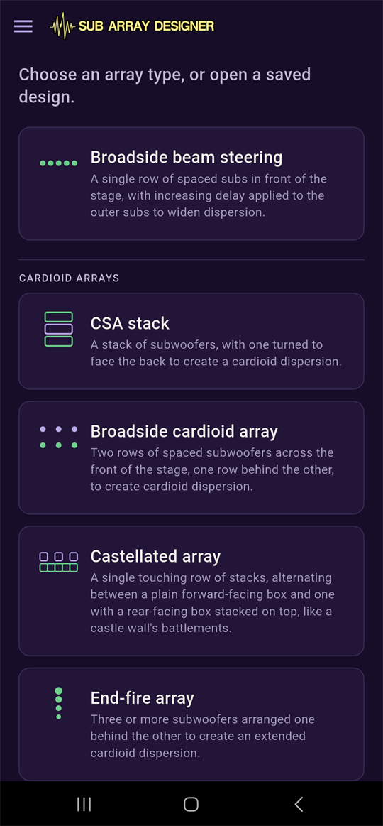 The Sub Array Designer home screen, showing the array type picker