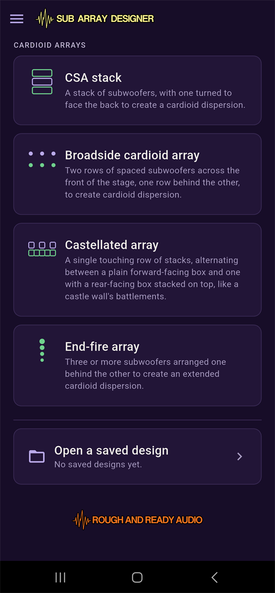 The full home screen scrolled to the bottom, showing the saved design entry and every array type