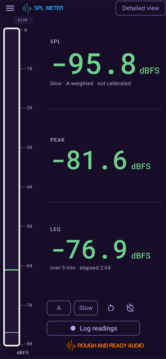 The SPL Meter main screen, showing SPL, PEAK and LEQ readouts with weighting and response-speed pickers