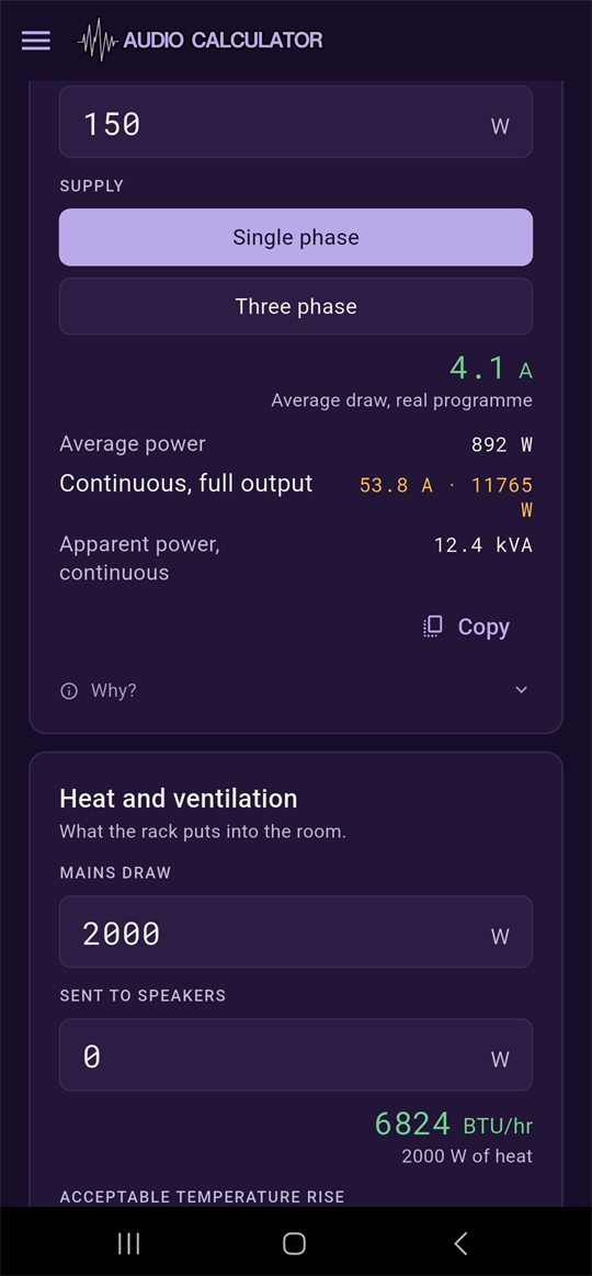 Mains draw card showing 4.1 A average draw, real programme, and continuous full output in amber