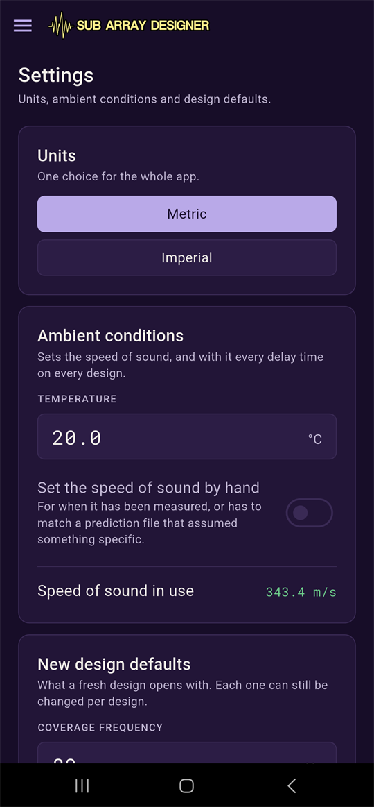 Settings screen: Units, Ambient conditions