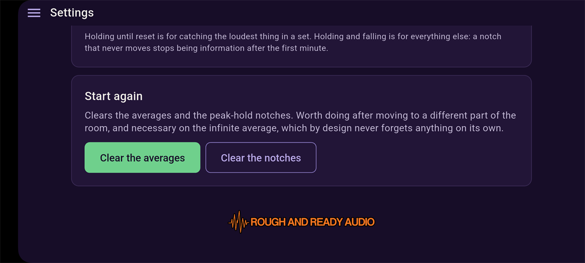 Settings screen: Start again card with Clear the averages and Clear the notches buttons