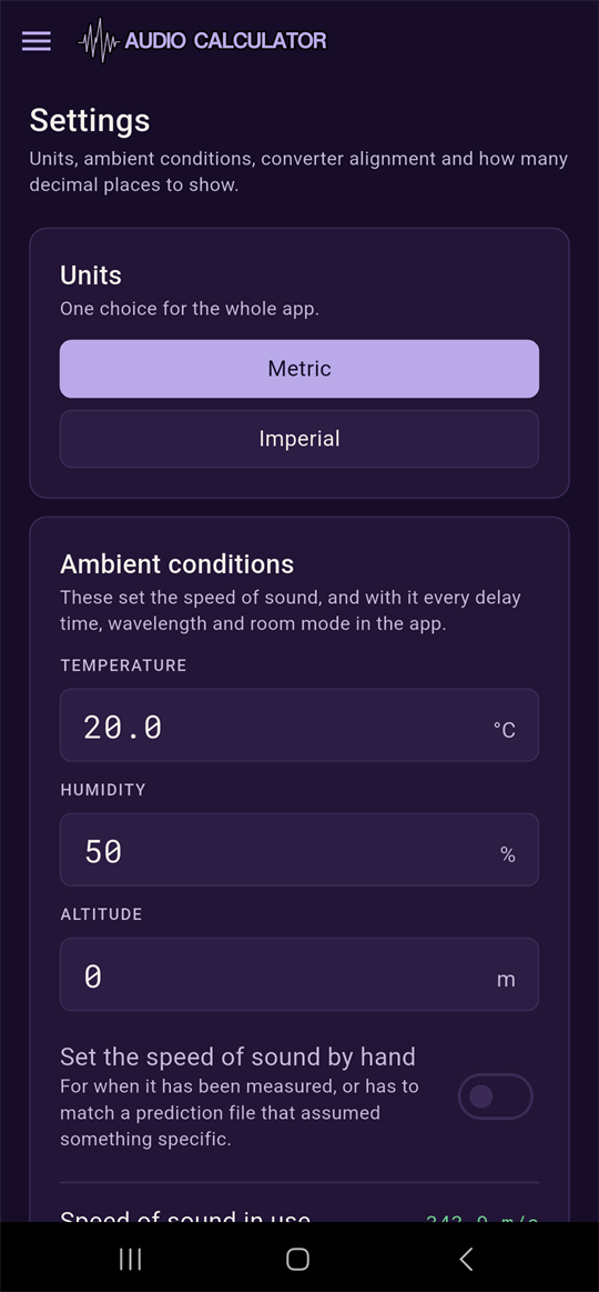 Settings screen: Units and Ambient conditions cards