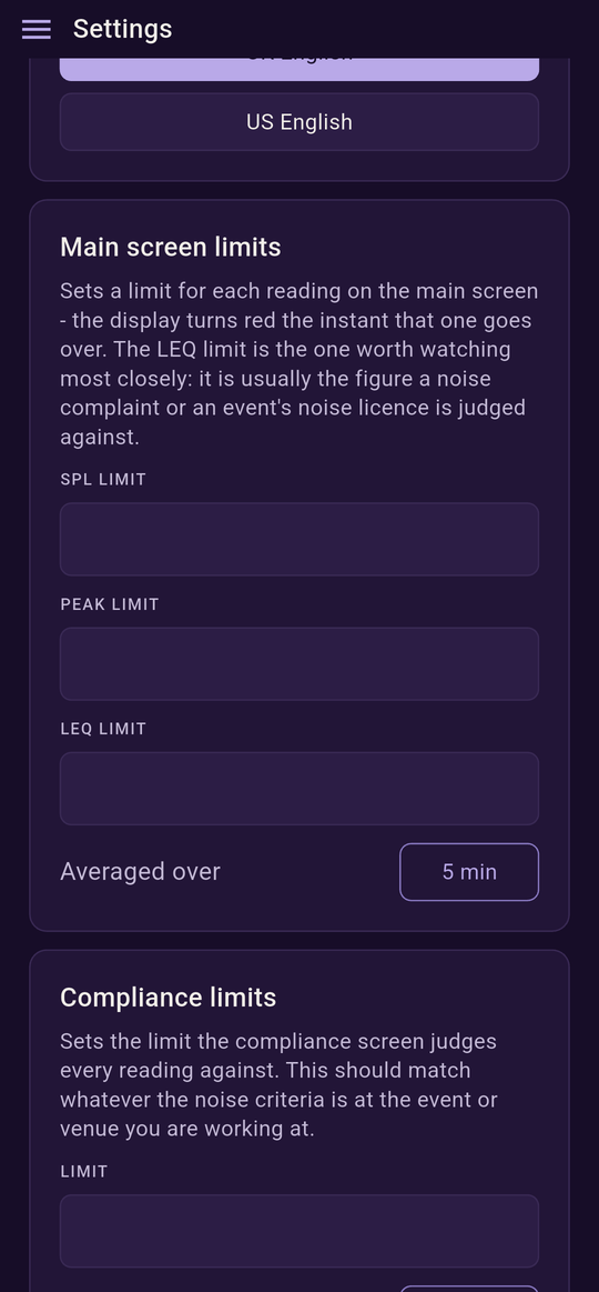 Settings screen: main screen limits and compliance limits cards