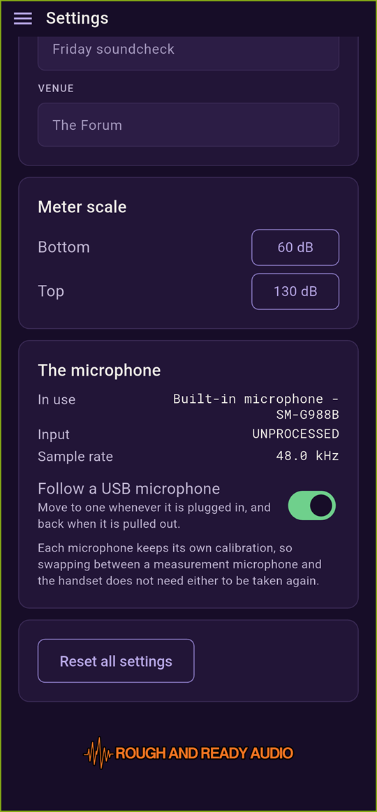 Settings screen scrolled to meter scale, the microphone card, and reset all settings