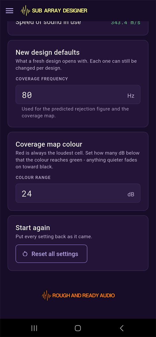 Settings screen continued: New design defaults, Coverage map colour, Start again