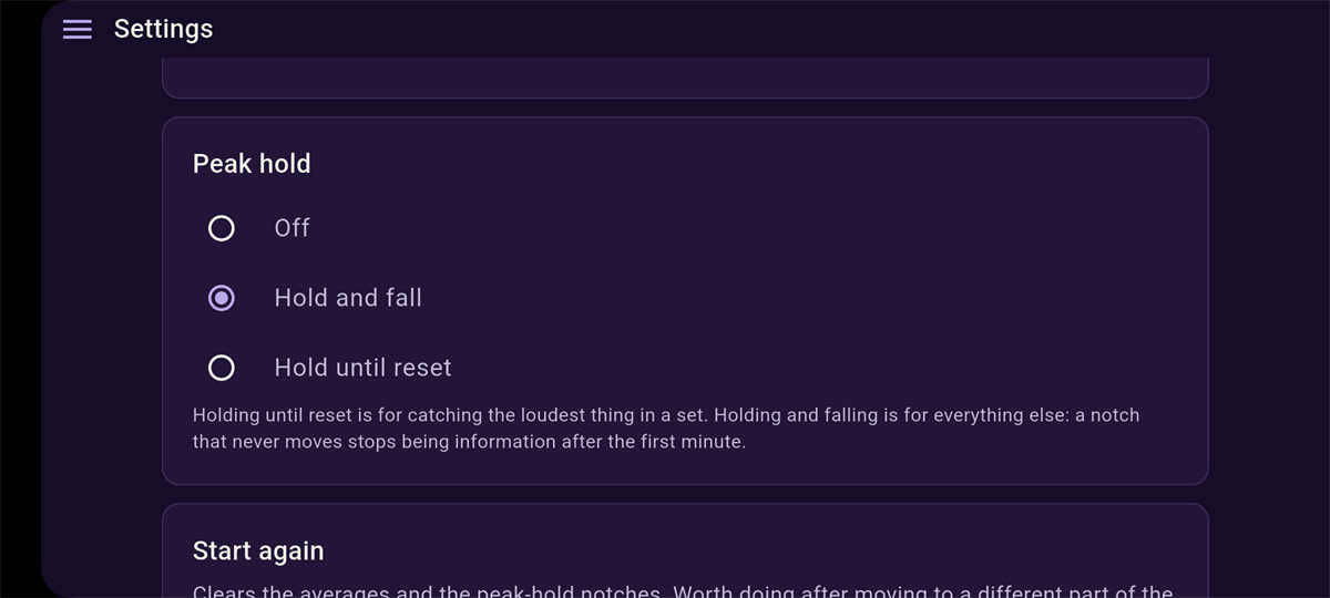 Settings screen: Peak hold options, Off, Hold and fall, Hold until reset
