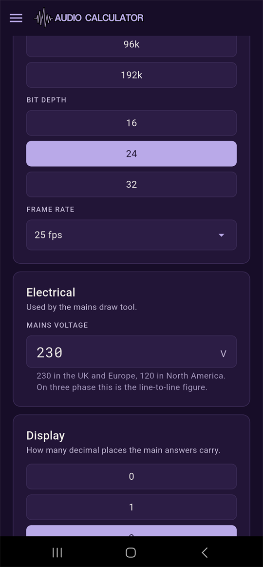 Settings screen: Digital defaults, Electrical, and Display cards