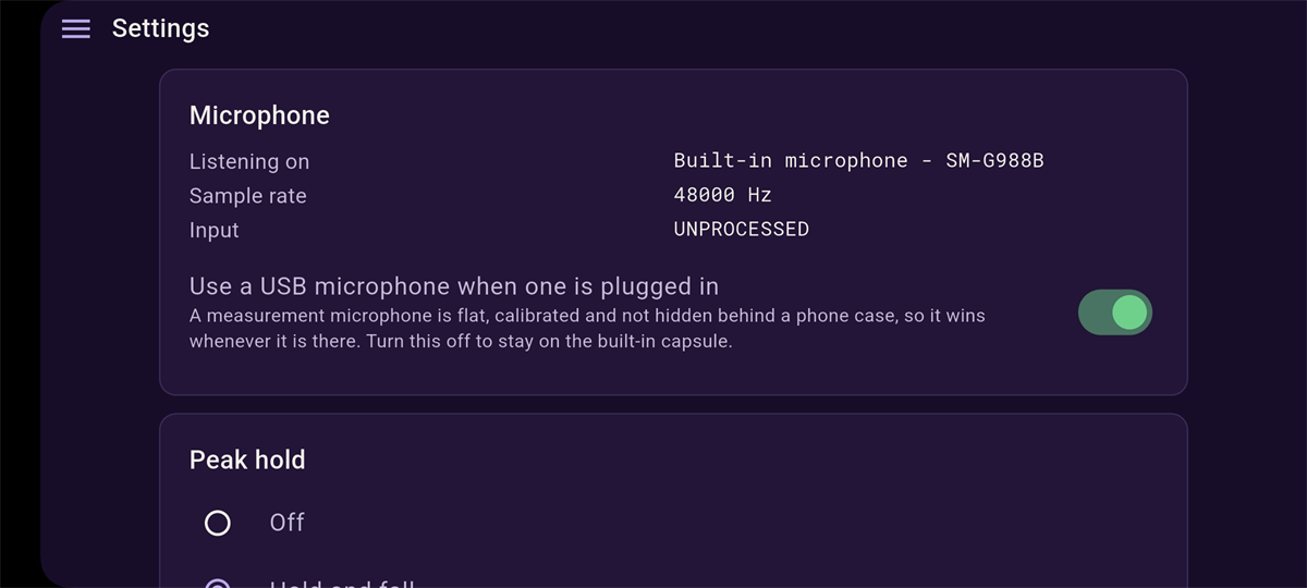 Settings screen: Microphone card with listening device, sample rate, input, and follow-USB switch