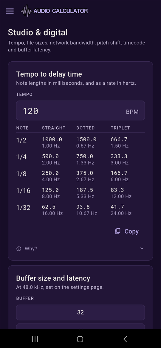 Tempo to delay time table at 120 BPM, straight, dotted and triplet columns