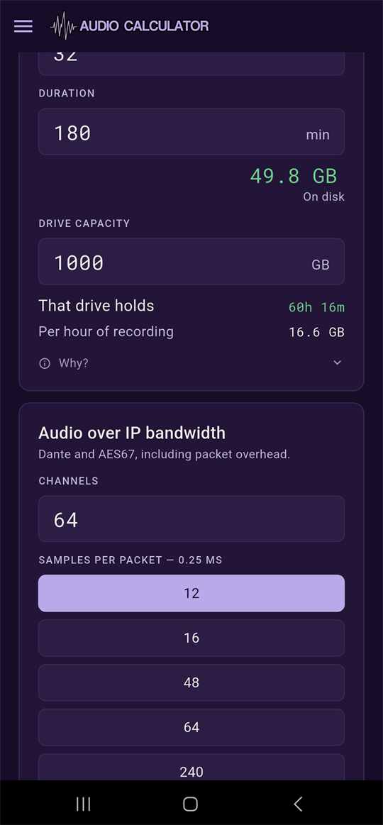 Recording size card showing 49.8 GB on disk, and that drive holds 60h 16m