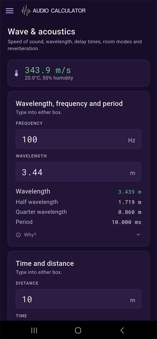 The Wave & acoustics page, showing the speed of sound banner and the Wavelength, frequency and period card