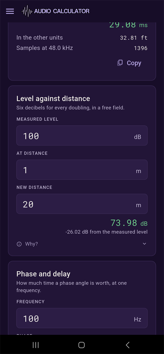 Time and distance card showing 29.08 ms for 10 m, with samples and a copy button
