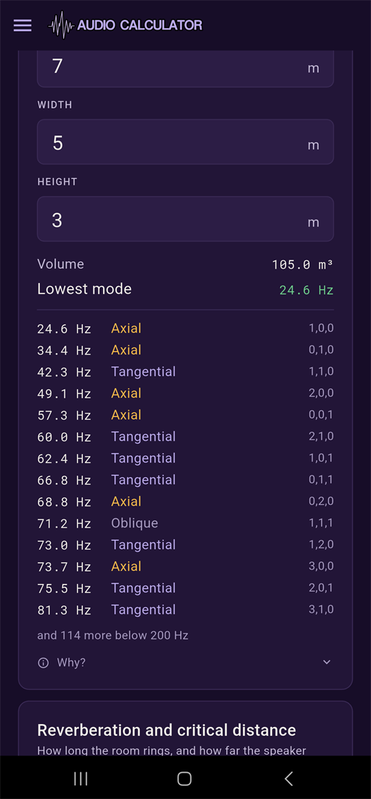 Room modes list, colour-coded axial (amber), tangential (lilac) and oblique (grey)